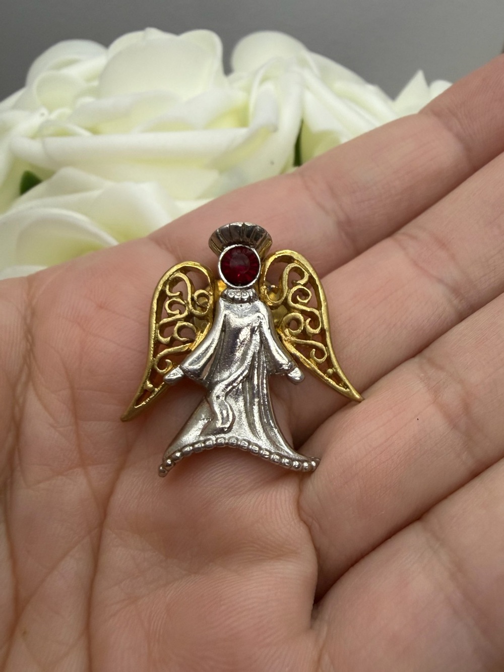 Vintage Gold & Silver Angel Pin with Red Accent